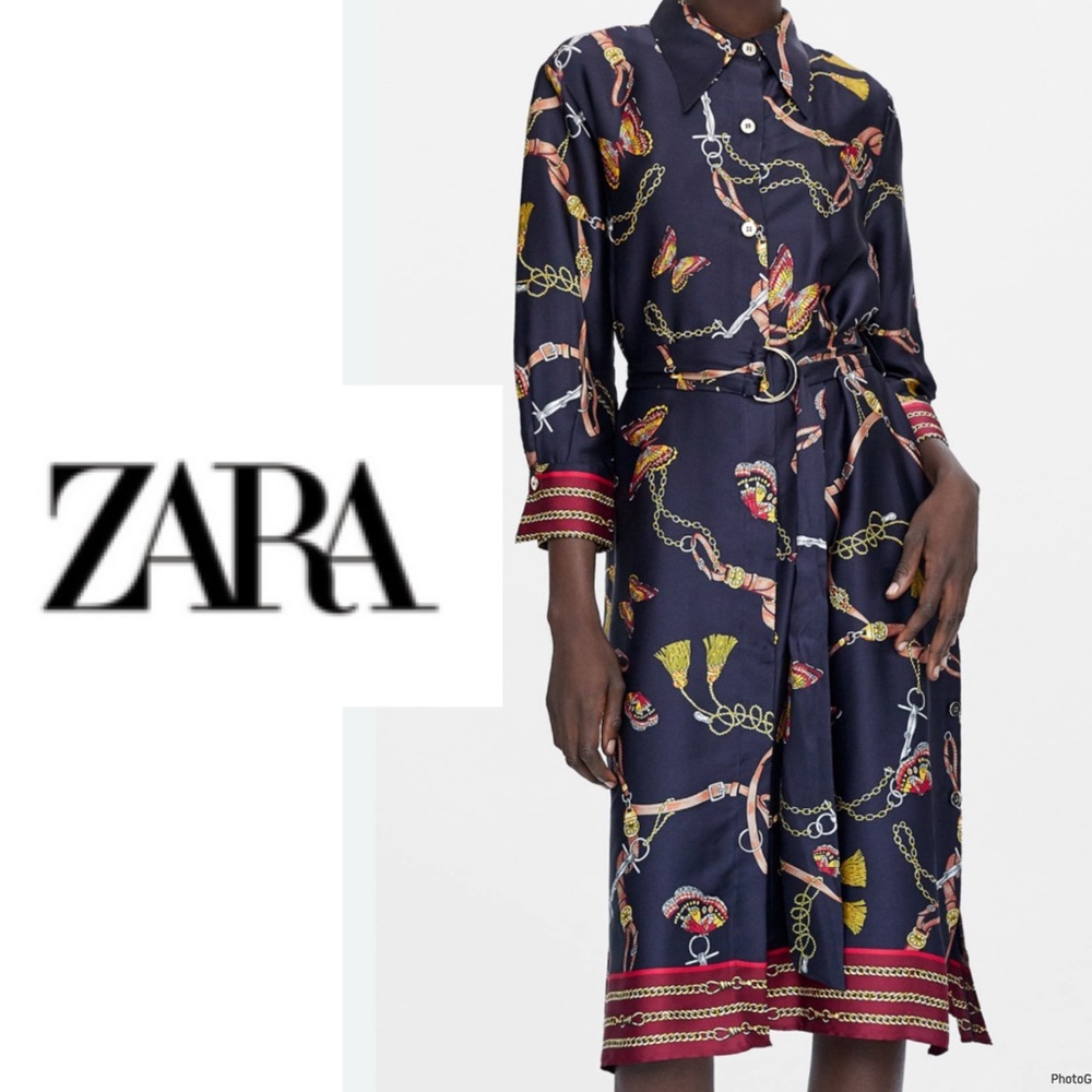 Zara Women's Long Sleeve Navy Patterned Dress